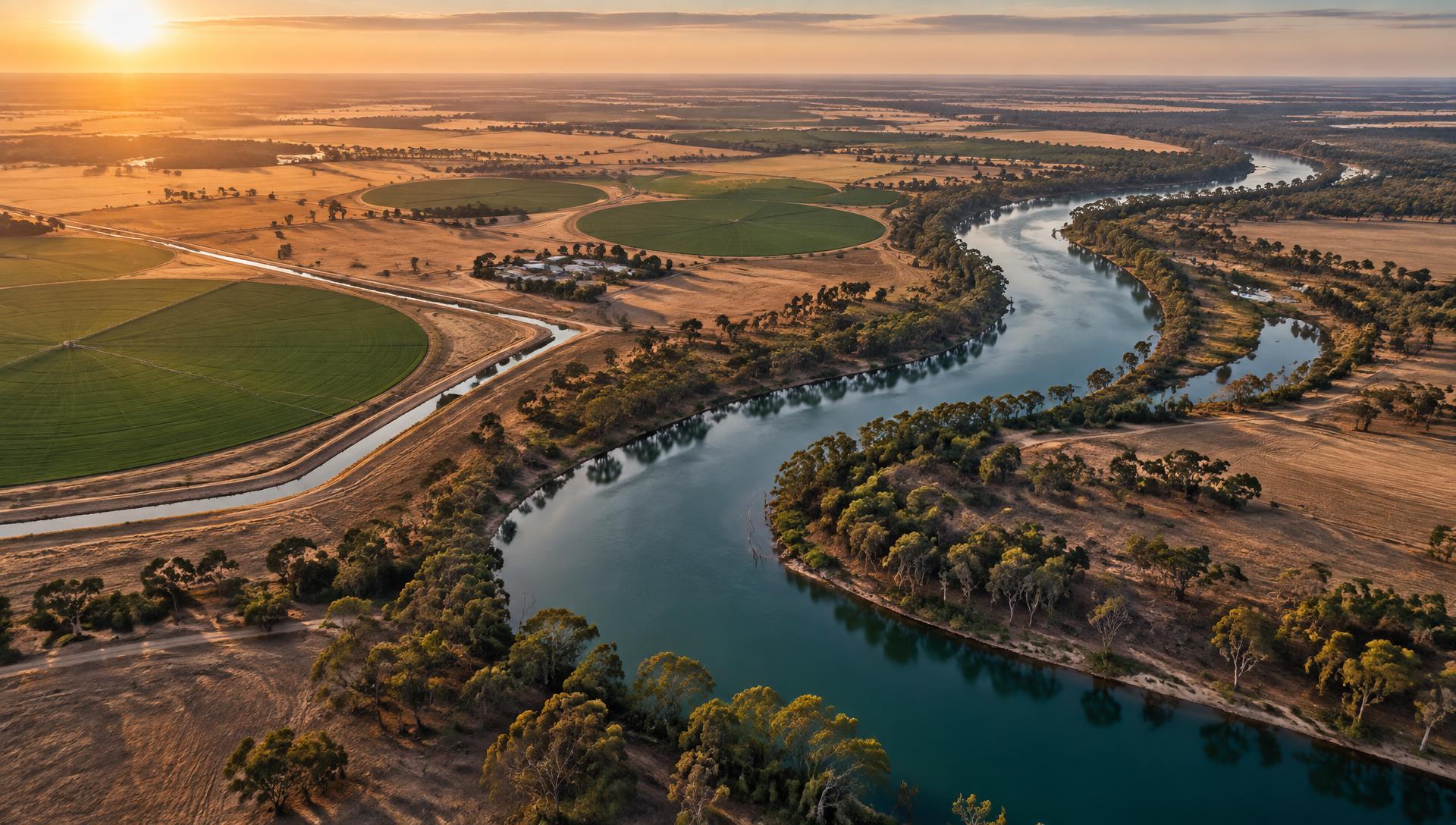 Aerial view of a river winding through irrigated farmland